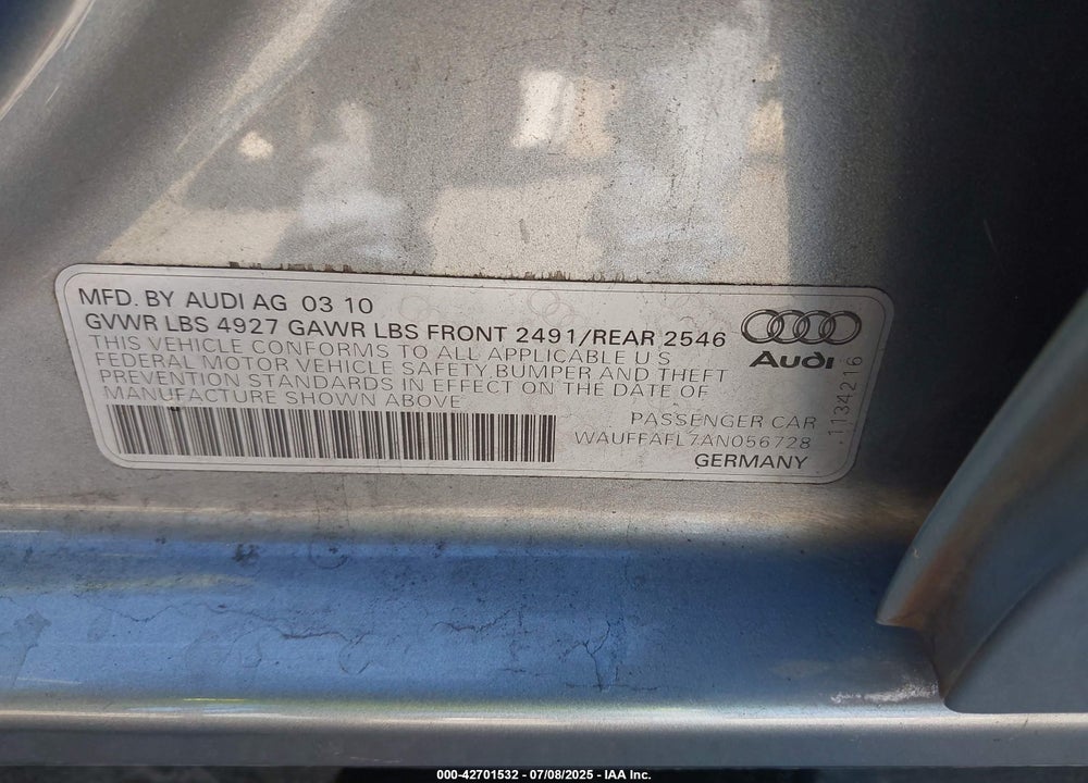 2010 AUDI A4 VIN: WAUFFAFL7AN056728