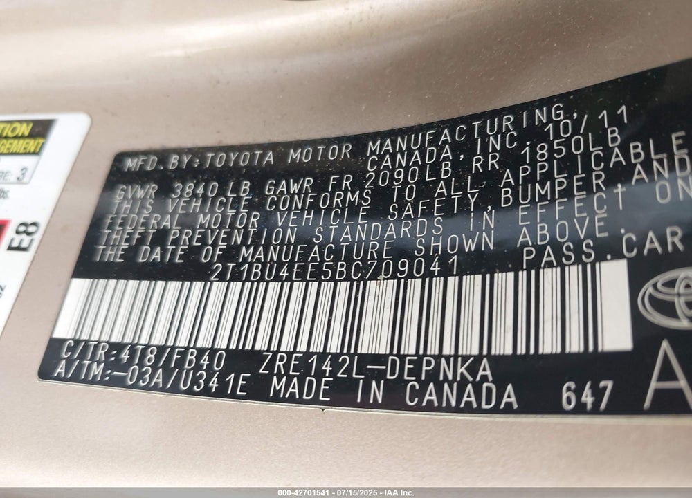 2011 TOYOTA COROLLA VIN: 2T1BU4EE5BC709041