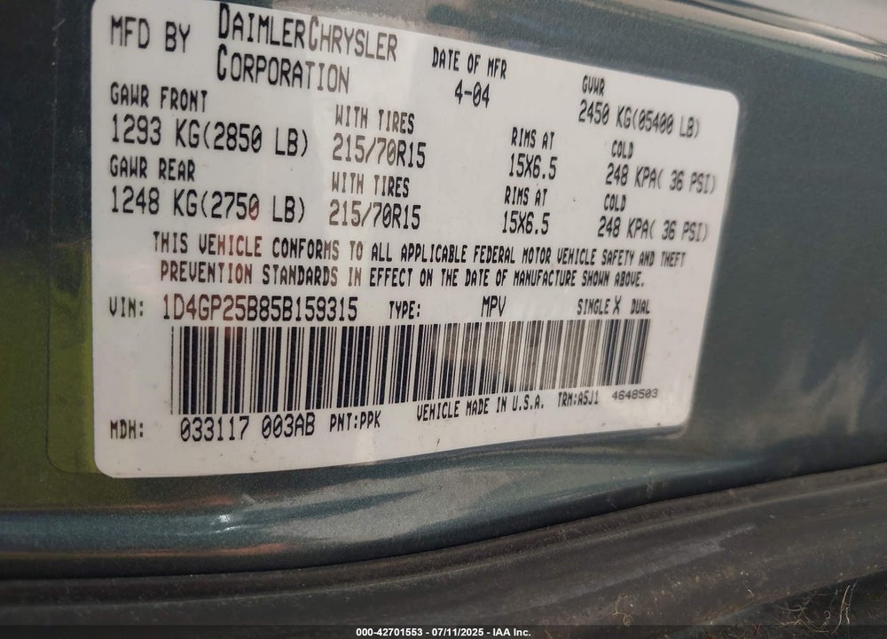 2005 DODGE CARAVAN VIN: 1D4GP25B85B159315