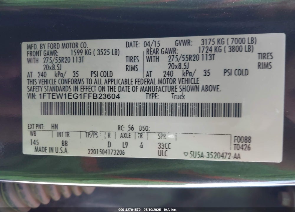 2015 FORD F-150 VIN: 1FTEW1EG1FFB23604
