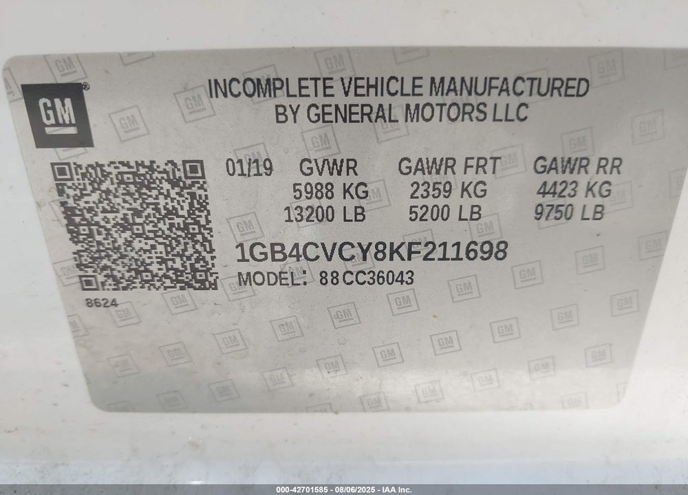 2019 CHEVROLET SILVERADO 3500HD CHASSIS WT VIN: 1GB4CVCY8KF211698