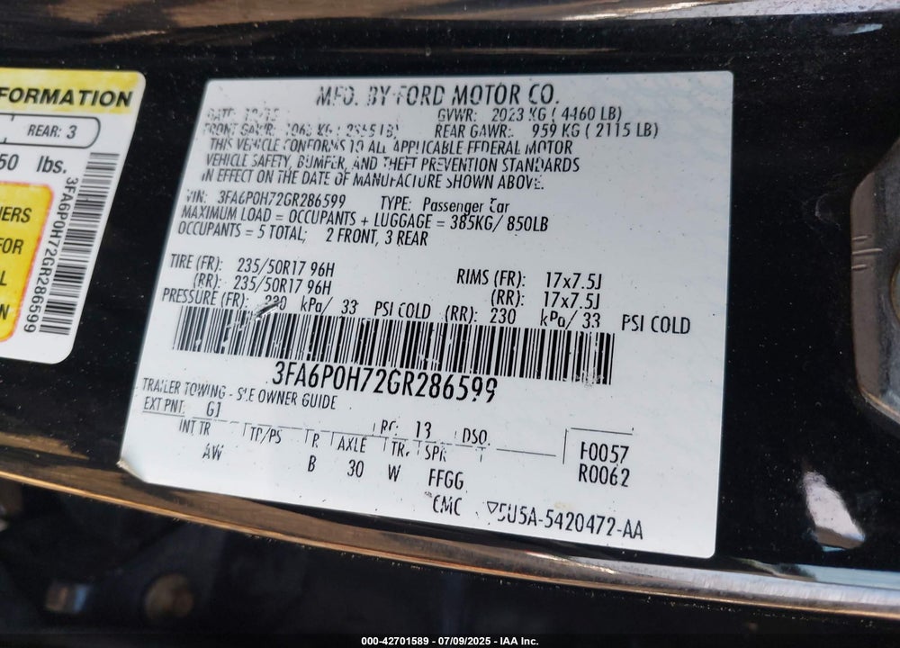 2016 FORD FUSION VIN: 3FA6P0H72GR286599