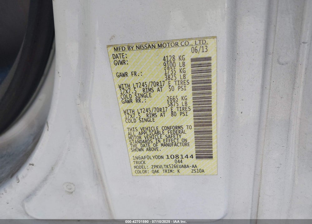 2013 NISSAN NV CARGO NV2500 HD SV V8 VIN: 1N6AF0LY0DN108144