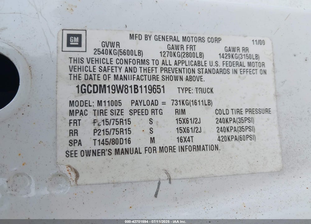2001 CHEVROLET ASTRO VIN: 1GCDM19W81B119651
