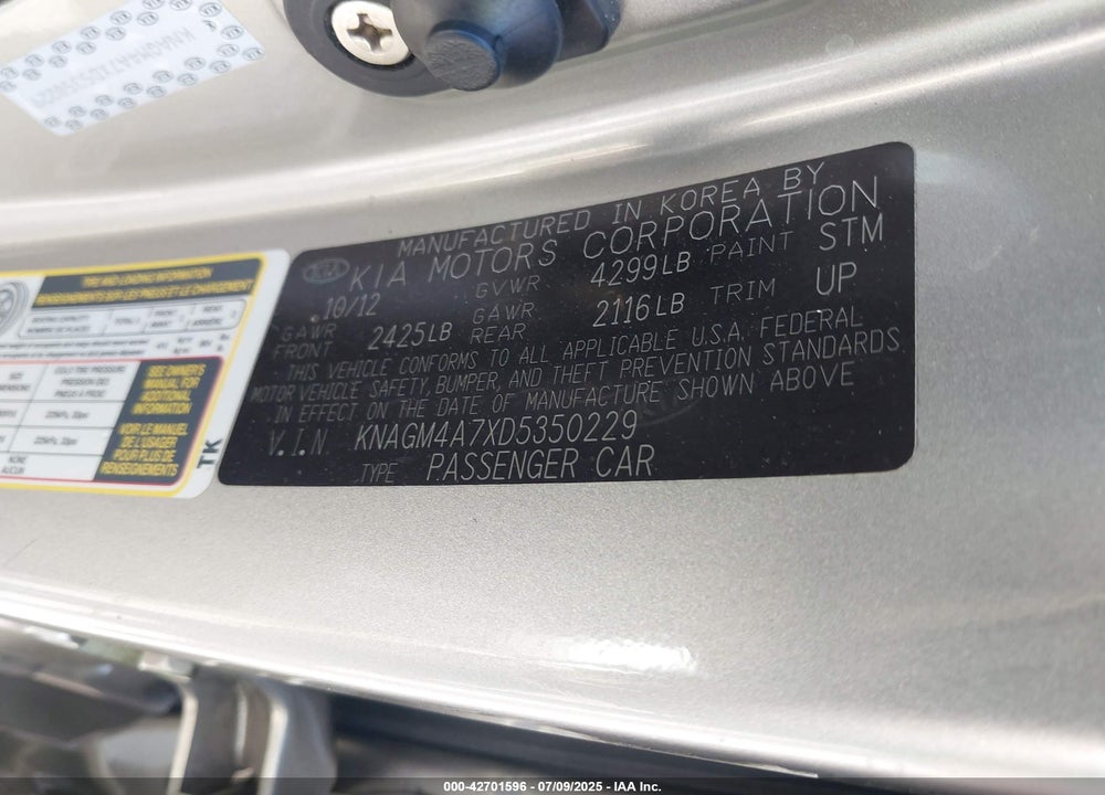 2013 KIA OPTIMA VIN: KNAGM4A7XD5350229