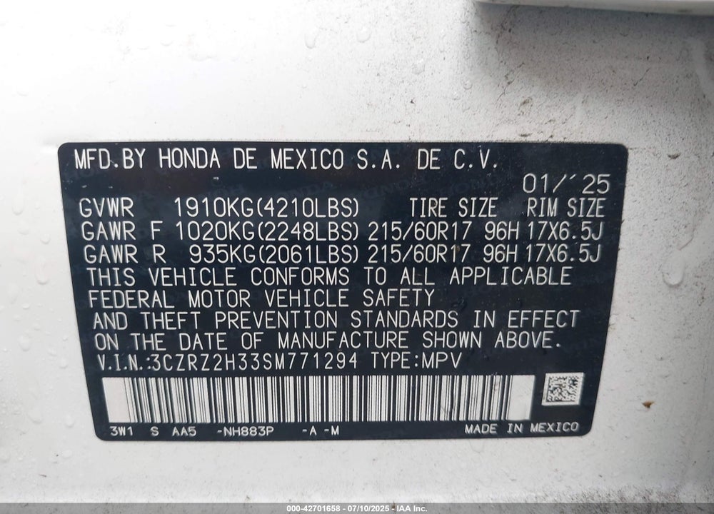 2025 HONDA HR-V VIN: 3CZRZ2H33SM771294