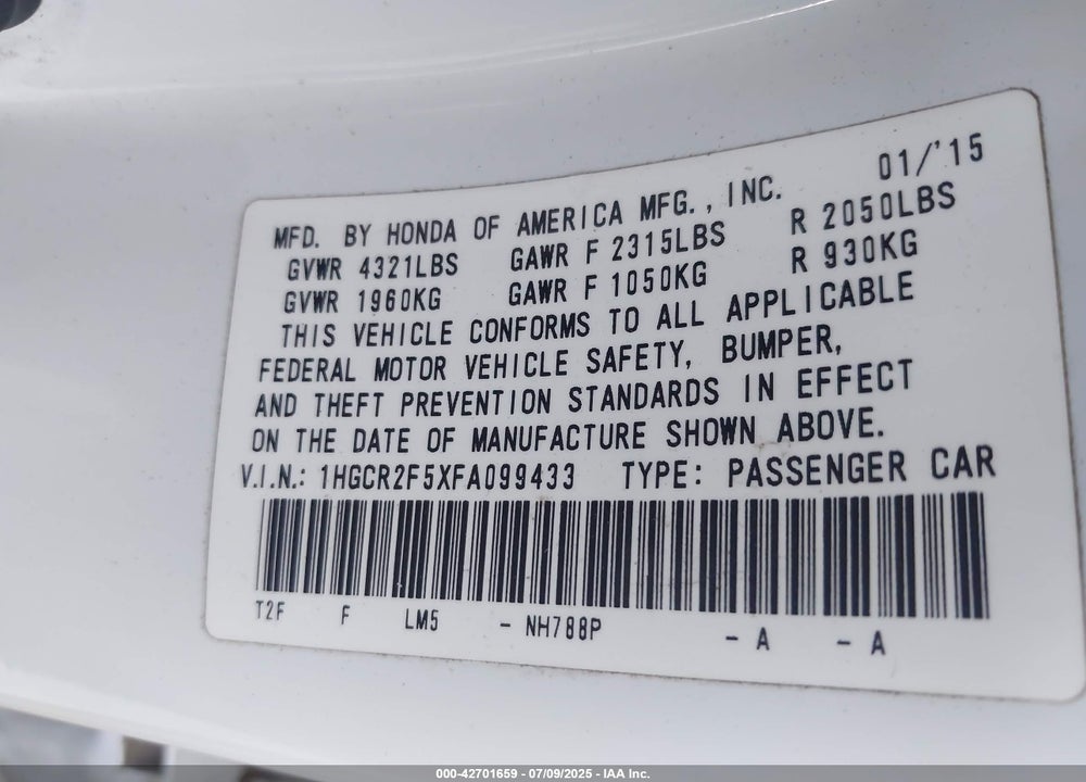 2015 HONDA ACCORD SPORT VIN: 1HGCR2F5XFA099433