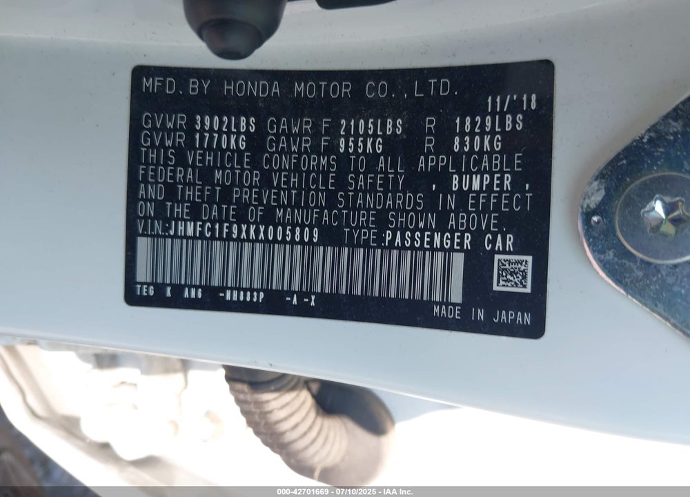 2019 HONDA CIVIC VIN: JHMFC1F9XKX005809