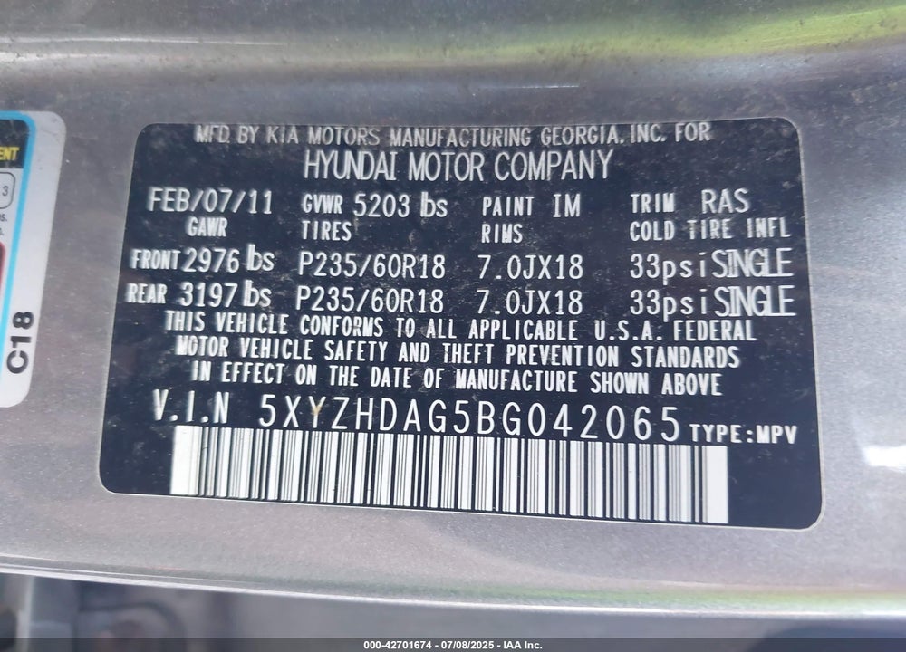 2011 HYUNDAI SANTA FE VIN: 5XYZHDAG5BG042065
