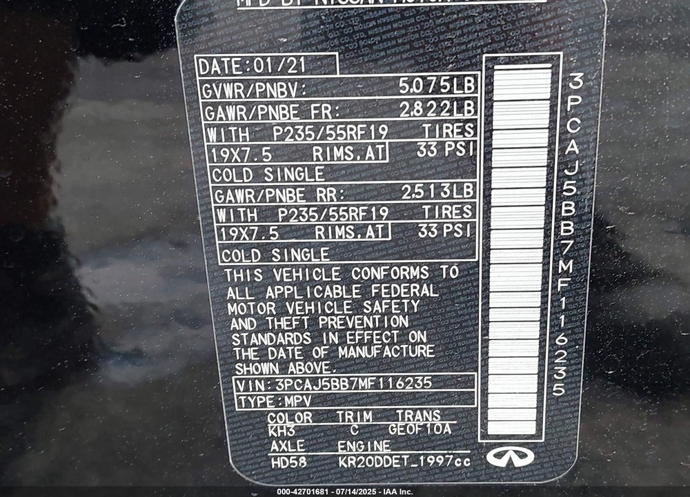 2021 INFINITI QX50 VIN: 3PCAJ5BB7MF116235