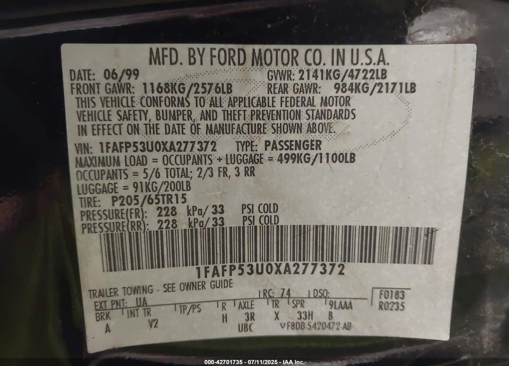 1999 FORD TAURUS SE VIN: 1FAFP53U0XA277372