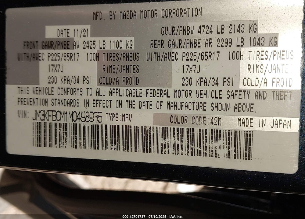 2021 MAZDA CX-5 VIN: JM3KFBCM1M0498935