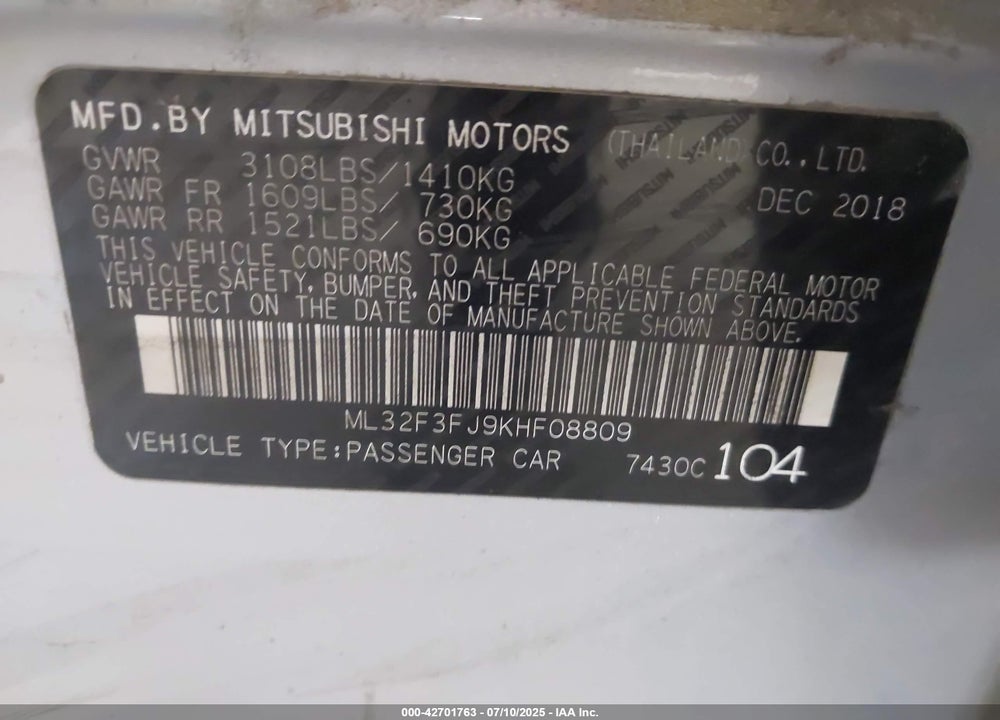 2019 MITSUBISHI MIRAGE VIN: ML32F3FJ9KHF08809