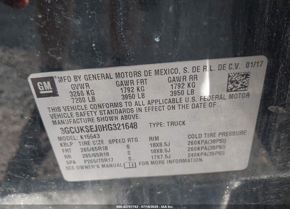 2017 CHEVROLET SILVERADO 1500 VIN: 3GCUKSEJ0HG321648