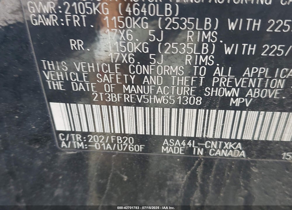 2017 TOYOTA RAV4 VIN: 2T3BFREV5HW651308