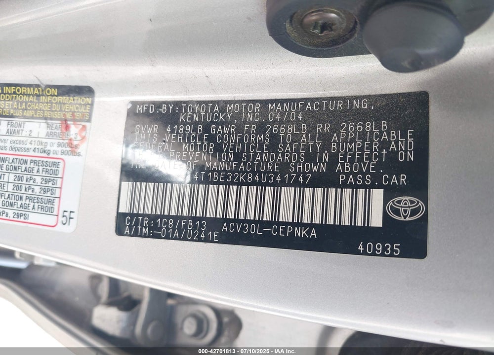 2004 TOYOTA CAMRY LE VIN: 4T1BE32K84U341747