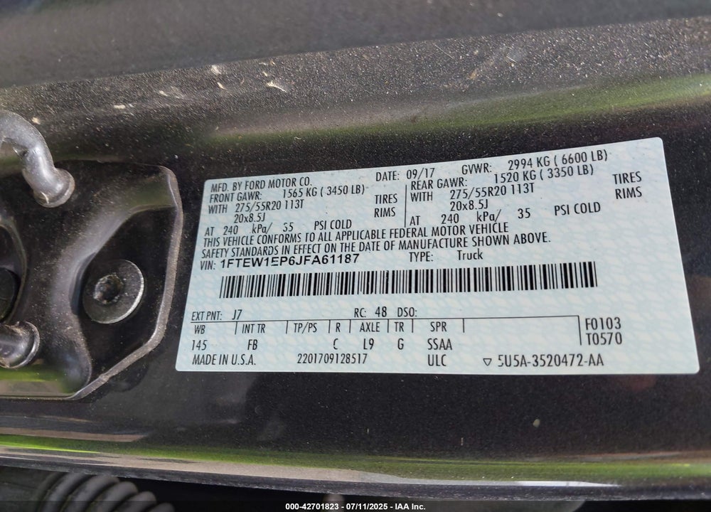 2018 FORD F-150 VIN: 1FTEW1EP6JFA61187