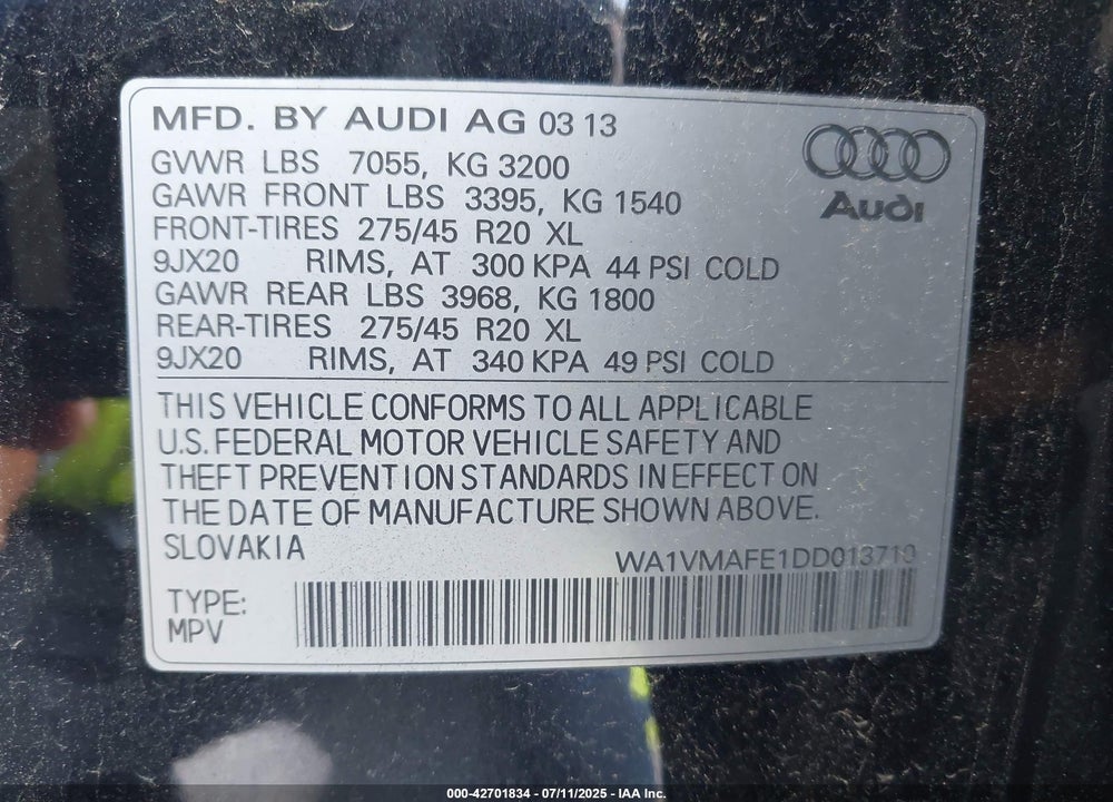 2013 AUDI Q7 VIN: WA1VMAFE1DD013710