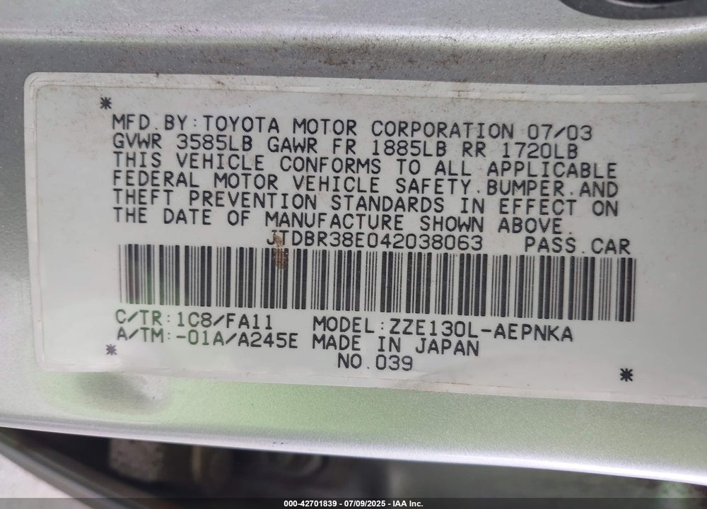 2004 TOYOTA COROLLA LE VIN: JTDBR38E042038063