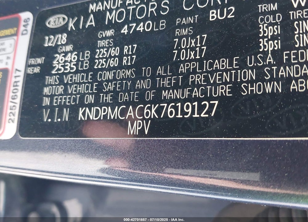 2019 KIA SPORTAGE VIN: KNDPMCAC6K7619127
