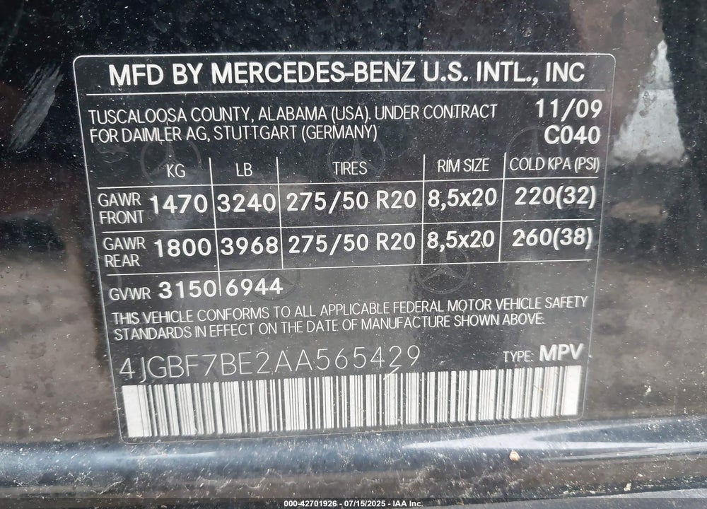 2010 MERCEDES-BENZ GL 450 4MATIC VIN: 4JGBF7BE2AA565429