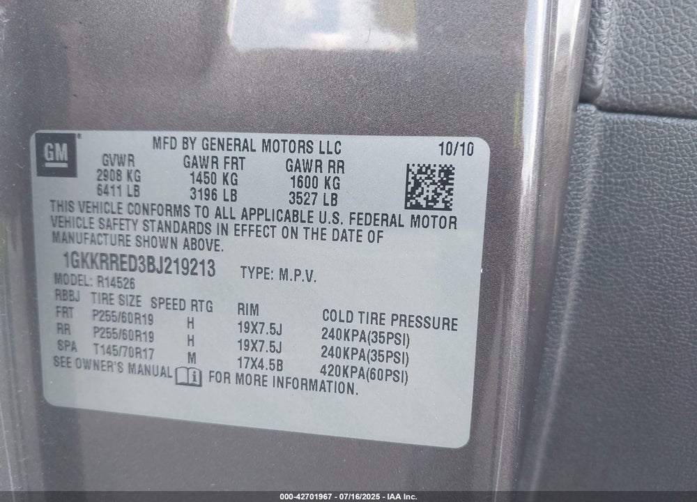2011 GMC ACADIA VIN: 1GKKRRED3BJ219213