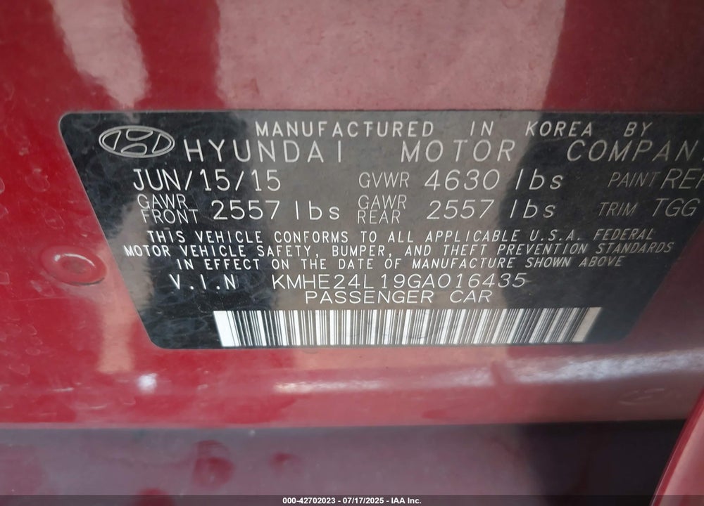 2016 HYUNDAI SONATA HYBRID VIN: KMHE24L19GA016435