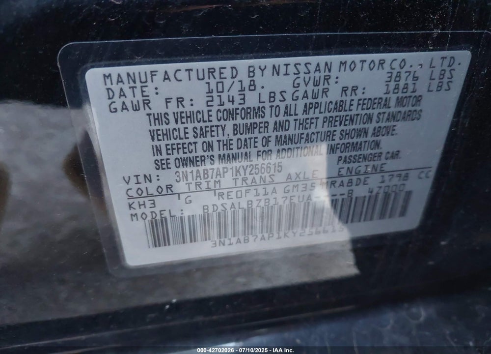 2019 NISSAN SENTRA VIN: 3N1AB7AP1KY256615
