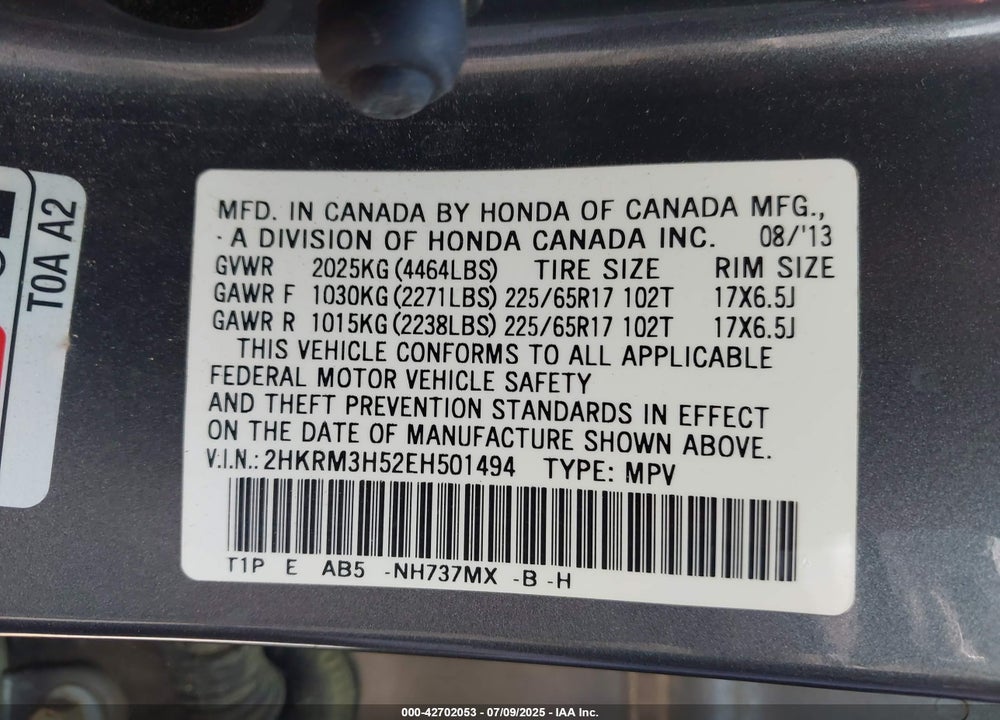 2014 HONDA CR-V VIN: 2HKRM3H52EH501494