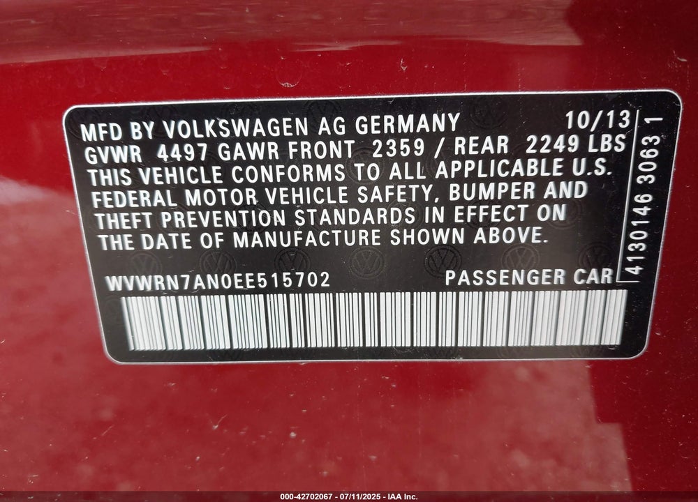 2014 VOLKSWAGEN CC VIN: WVWRN7AN0EE515702
