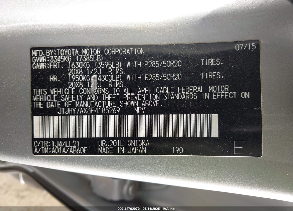 2015 LEXUS LX570 VIN: JTJHY7AX3F4185269