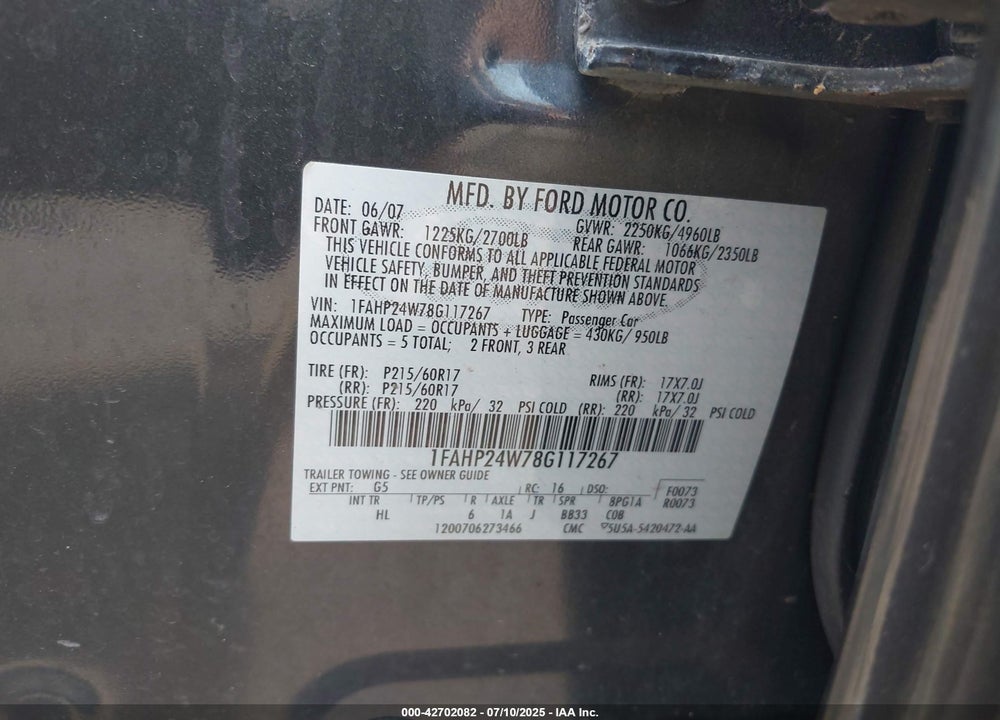 2008 FORD TAURUS VIN: 1FAHP24W78G117267