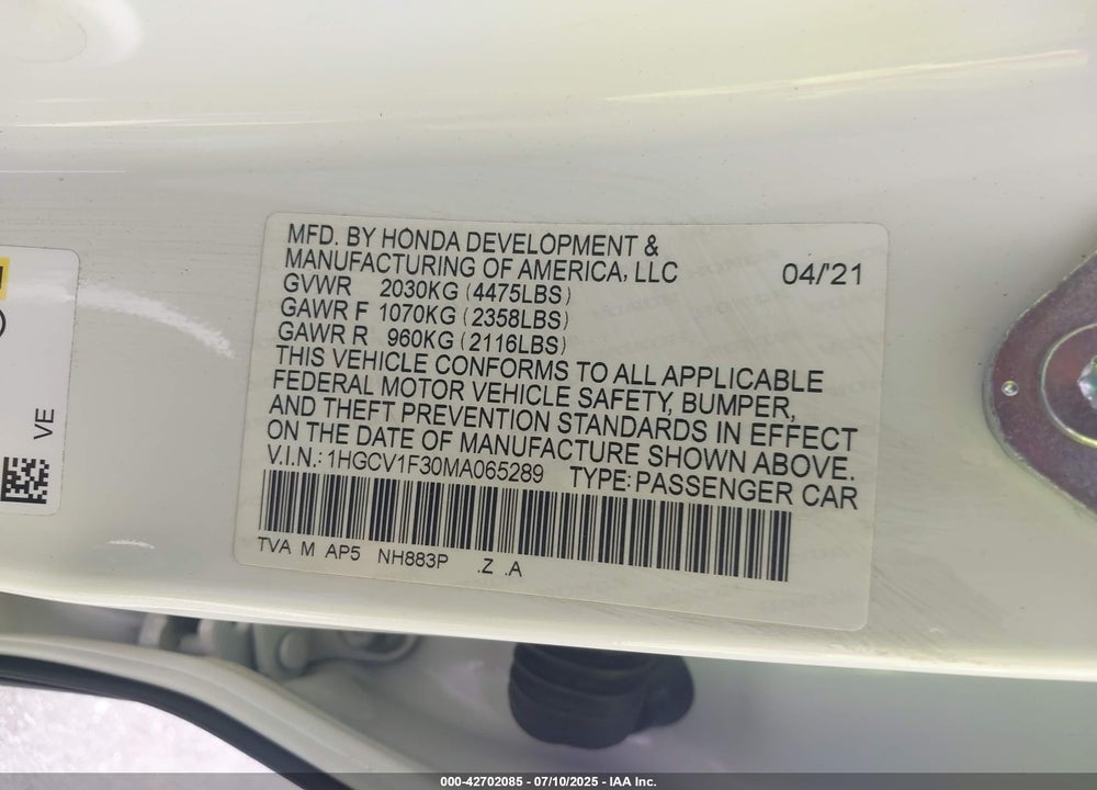 2021 HONDA ACCORD SPORT VIN: 1HGCV1F30MA065289