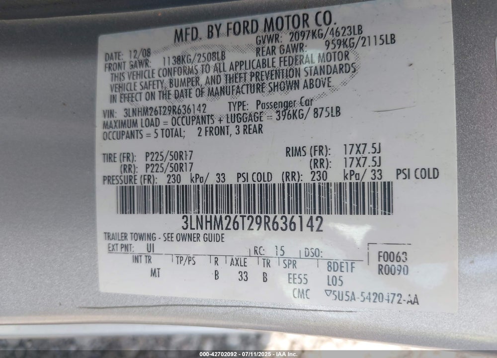 2009 LINCOLN MKZ VIN: 3LNHM26T29R636142