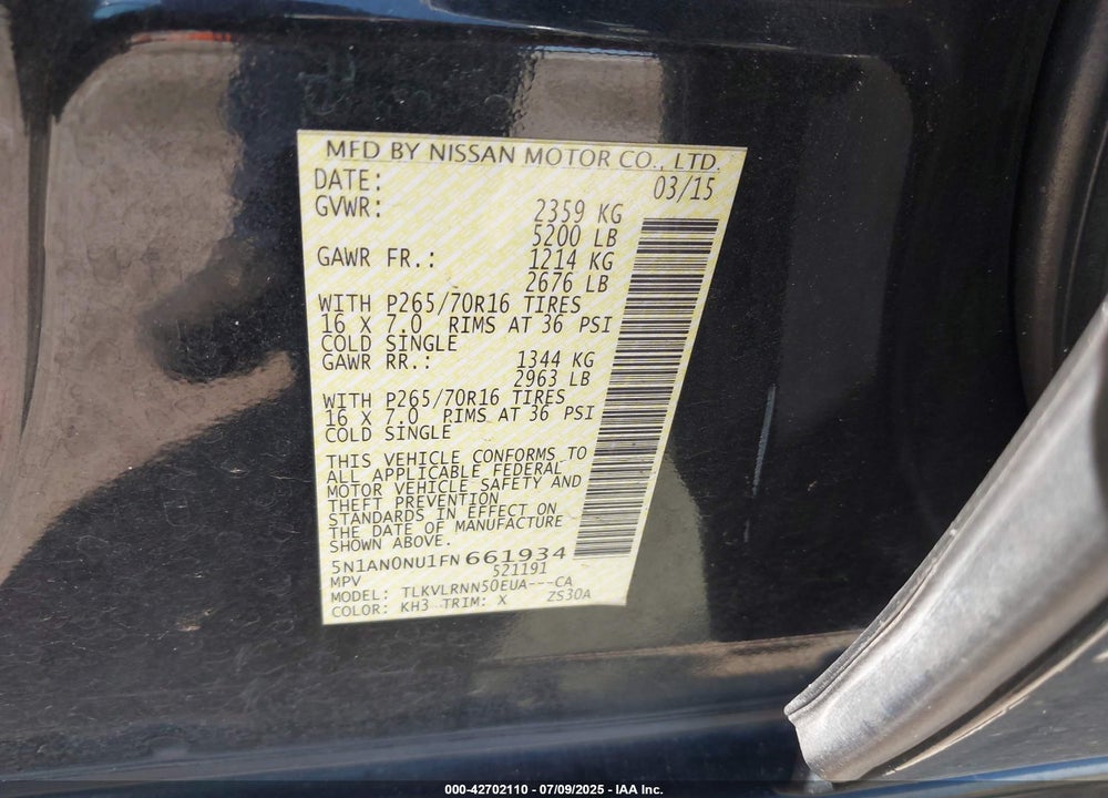 2015 NISSAN XTERRA VIN: 5N1AN0NU1FN661934