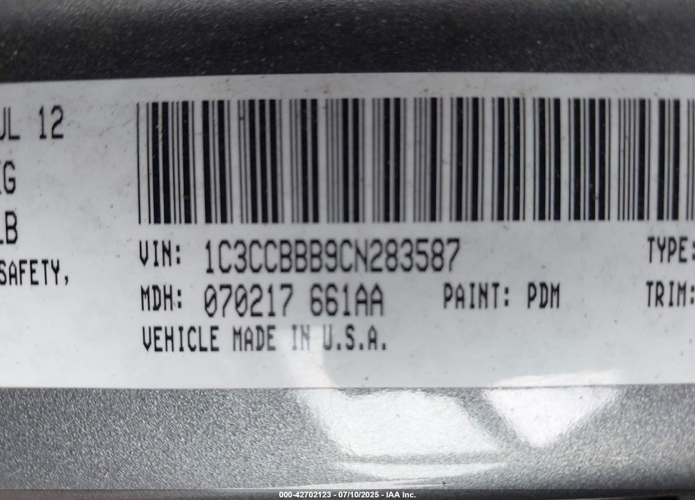 2012 CHRYSLER 200 VIN: 1C3CCBBB9CN283587