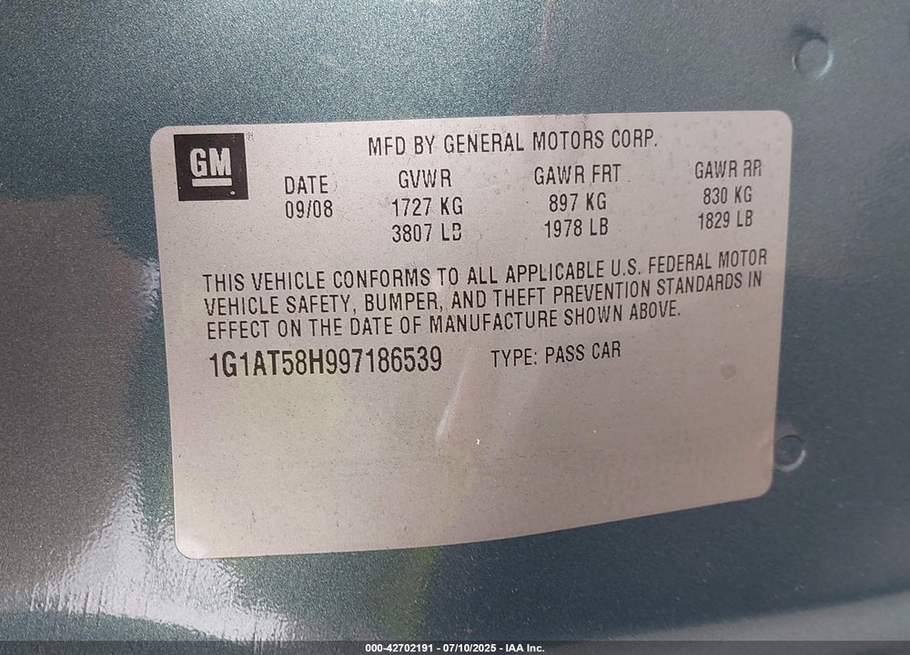 2009 CHEVROLET COBALT VIN: 1G1AT58H997186539