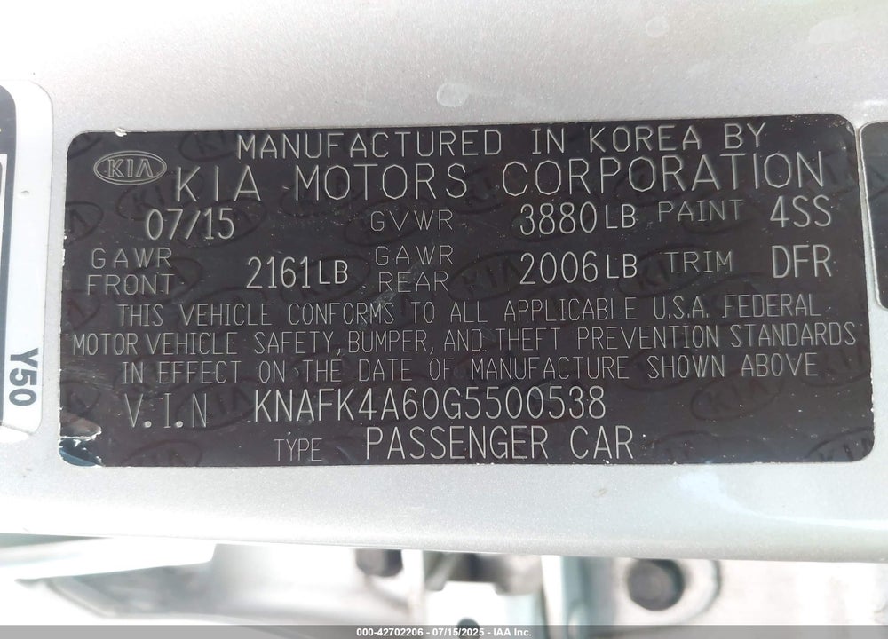 2016 KIA FORTE VIN: KNAFK4A60G5500538