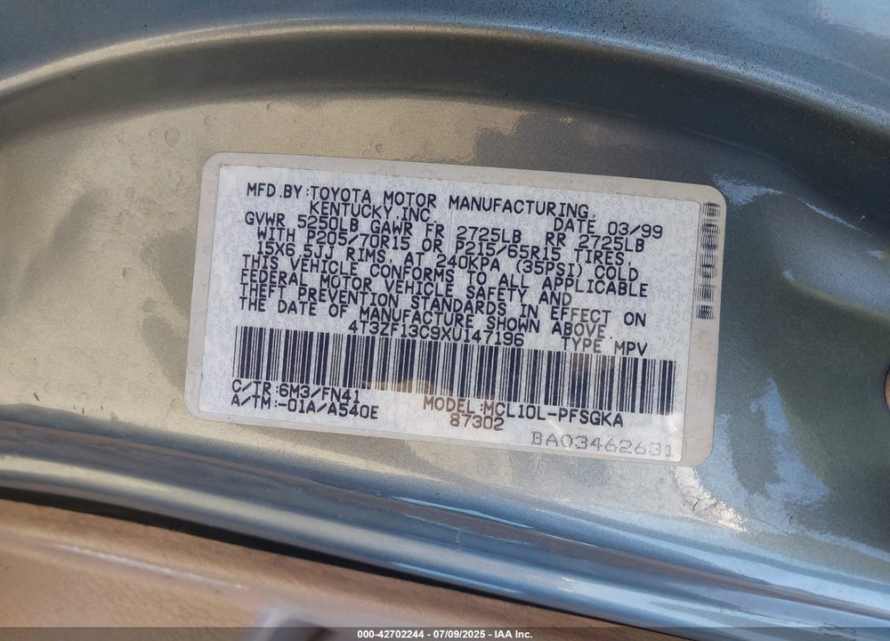 2001 TOYOTA SIENNA VIN: 4T3ZF19C51U381009