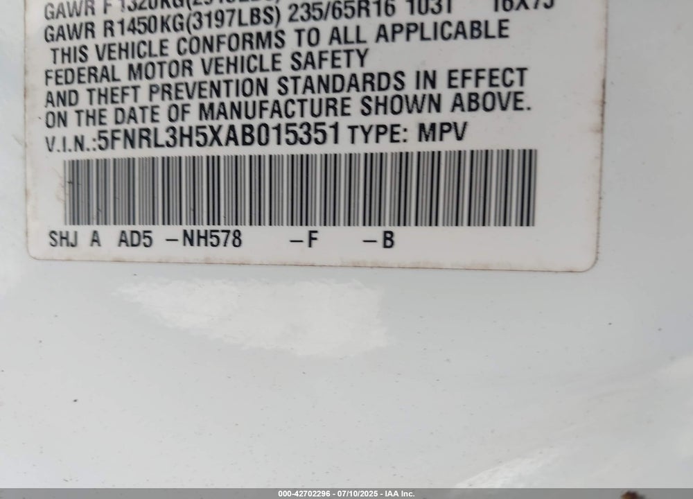 2010 HONDA ODYSSEY EX VIN: 5FNRL3H5XAB015351
