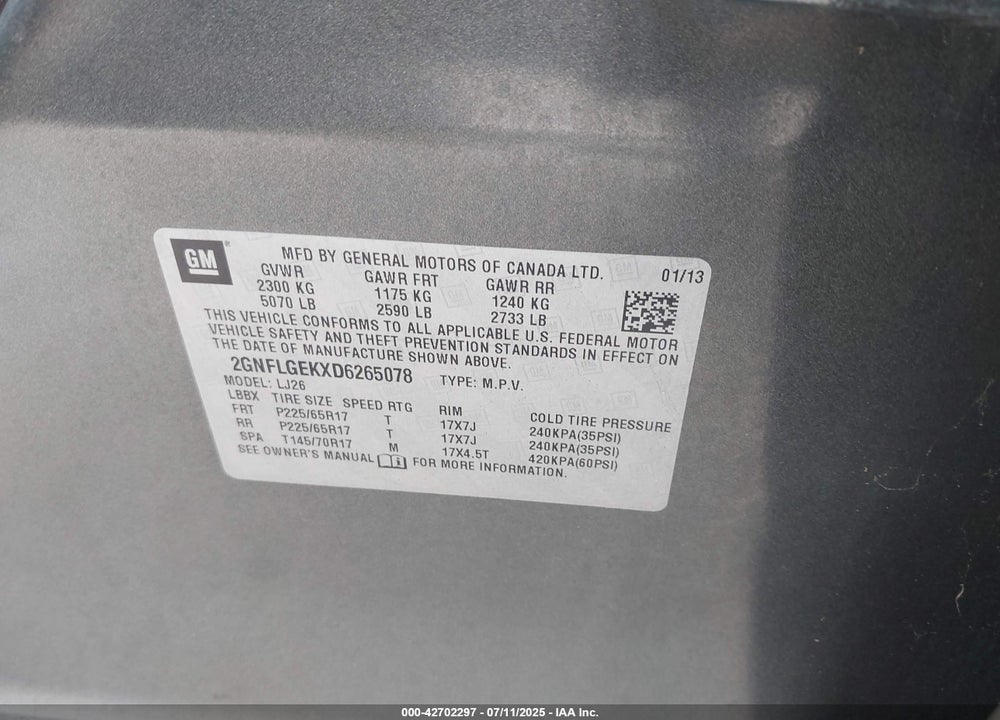 2013 CHEVROLET EQUINOX VIN: 2GNFLGEKXD6265078