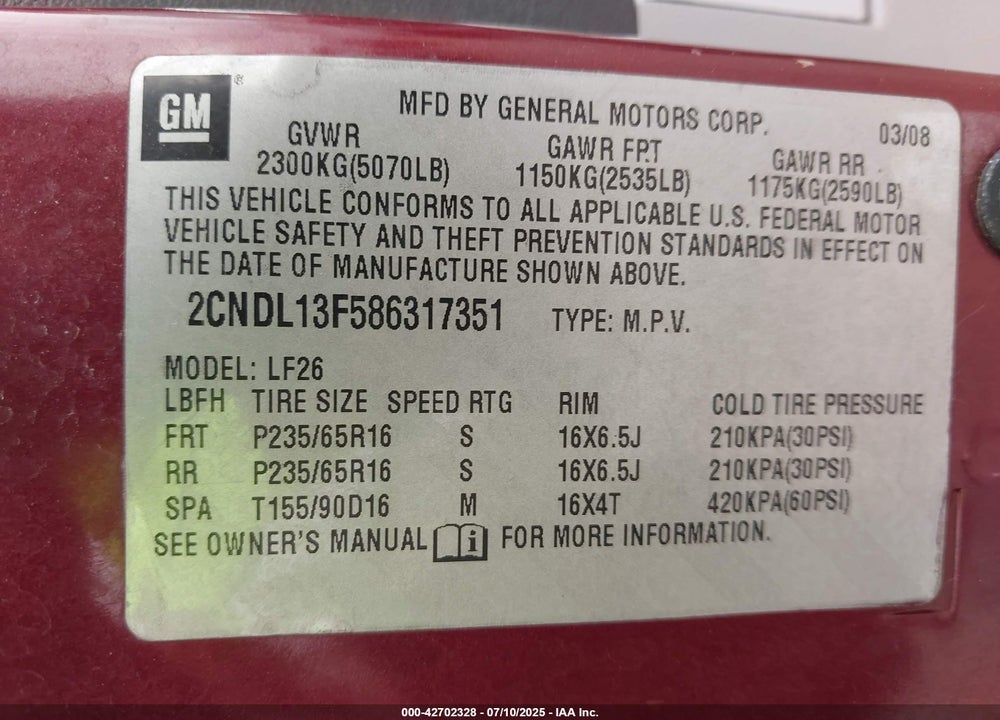 2008 CHEVROLET EQUINOX LS VIN: 2CNDL13F586317351