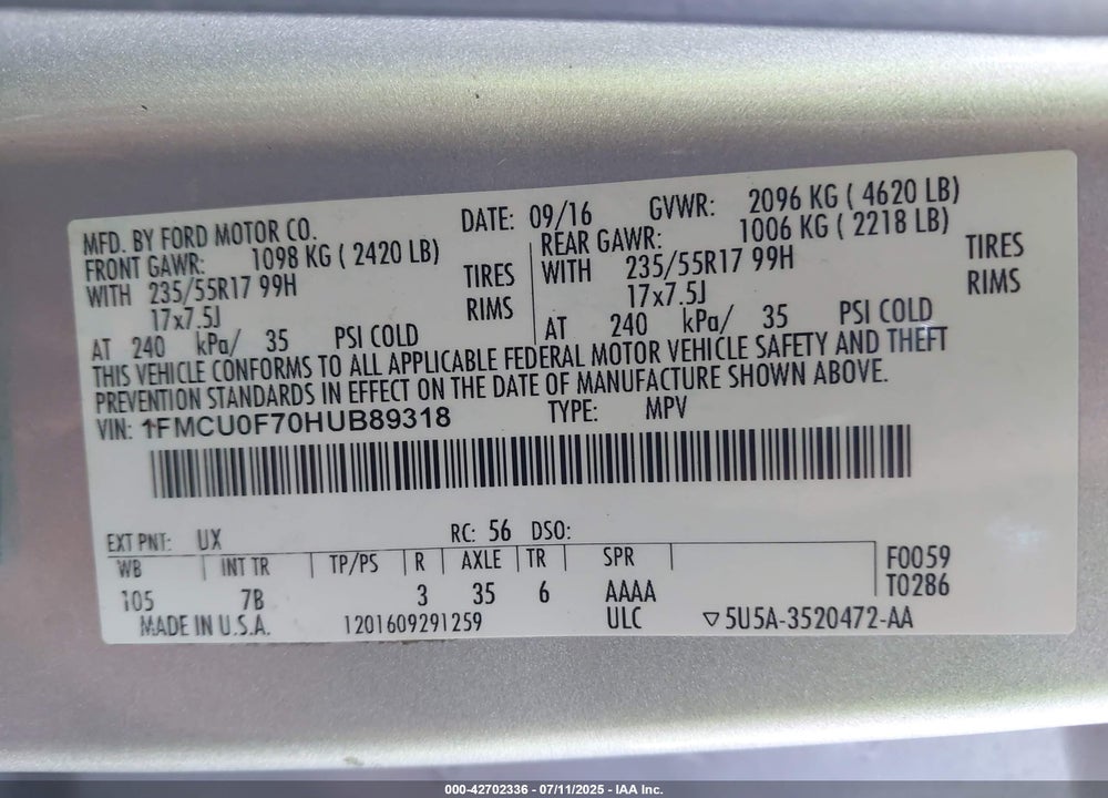 2017 FORD ESCAPE VIN: 1FMCU0F70HUB89318