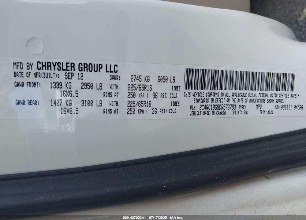 2013 CHRYSLER TOWN & COUNTRY TOURING VIN: 2C4RC1BG9DR576793