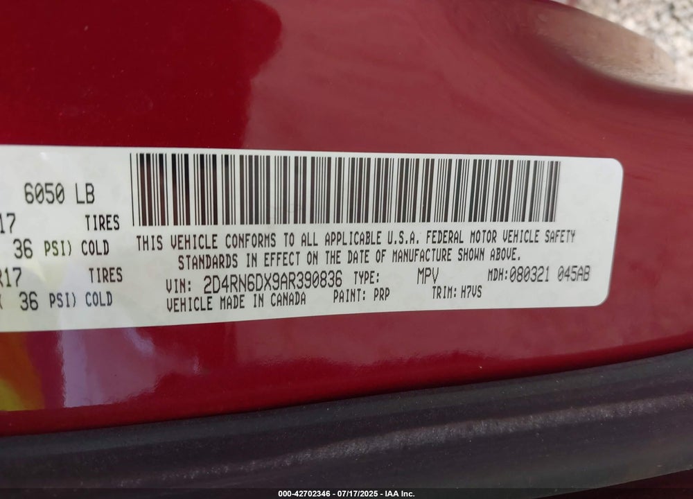 2010 DODGE GRAND CARAVAN VIN: 2D4RN6DX9AR390836