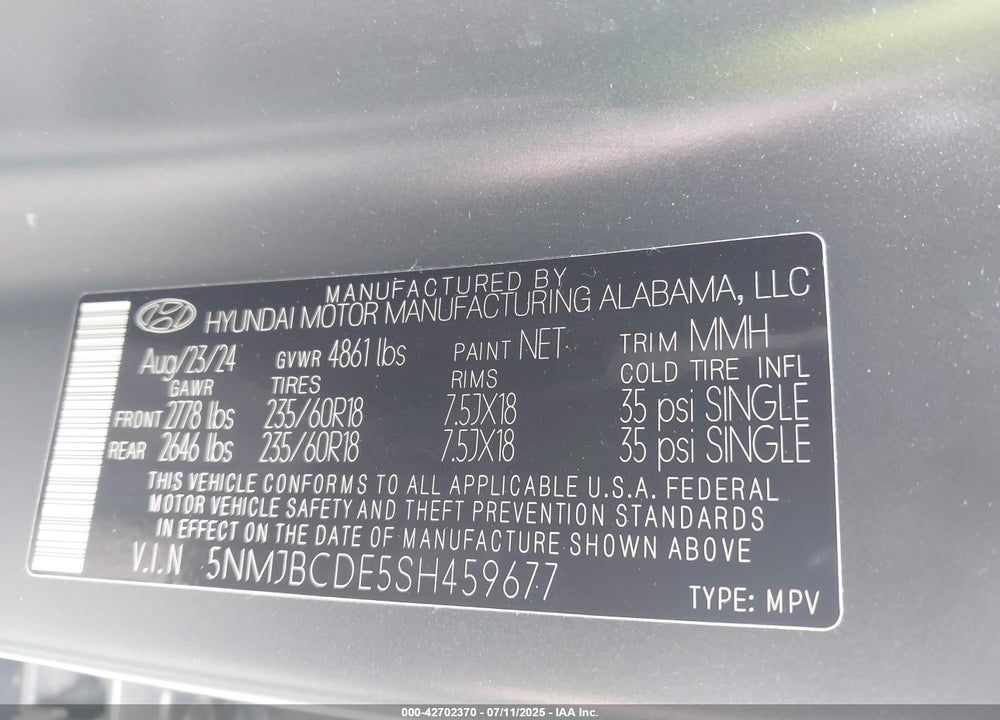 2025 HYUNDAI TUCSON SEL VIN: 5NMJBCDE5SH459677