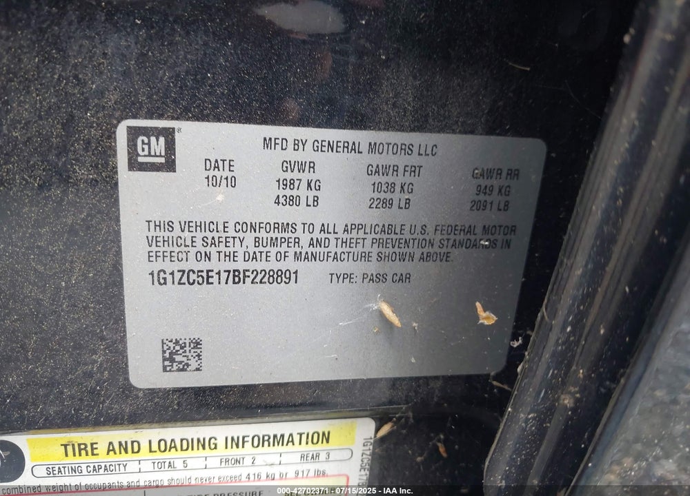 2011 CHEVROLET MALIBU VIN: 1G1ZC5E17BF228891