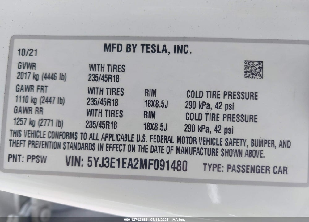 2021 TESLA MODEL 3 VIN: 5YJ3E1EA2MF091480
