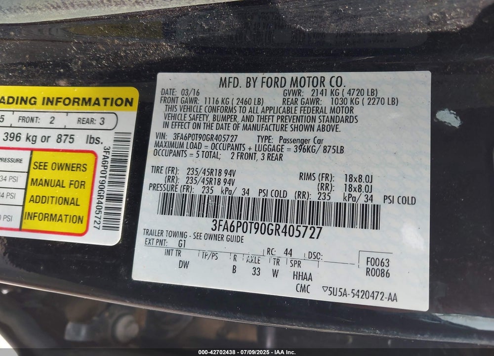 2016 FORD FUSION VIN: 3FA6P0T90GR405727