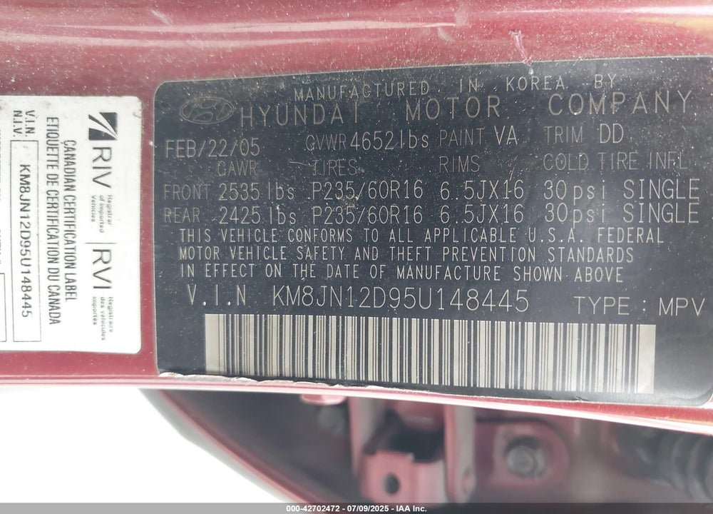 2005 HYUNDAI TUCSON GLS/LX VIN: KM8JN12D95U148445